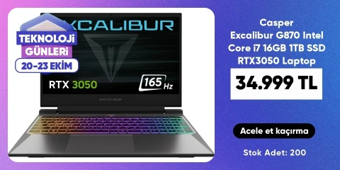 Casper Excalibur G870 Intel Core i7 13620H 16GB 1TB SSD RTX3050 Freedos 15.6" 165Hz Taşınabilir Bilgisayar G870.1362-BFJ0X-C