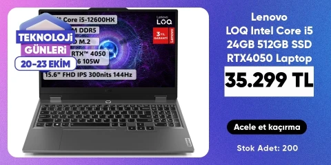 Lenovo LOQ Intel Core i5 12600HX 24GB 512GB SSD RTX4050 Freedos 15.6" IPS 144Hz Taşınabilir Bilgisayar 83GS00P6TR