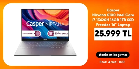 Casper Nirvana S100 Intel Core i7 13620H 16GB 1TB SSD Freedos 16" Taşınabilir Bilgisayar S100.1362-BF00X-G-F