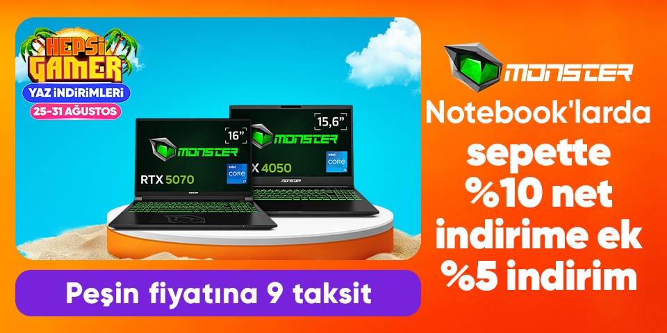 Monster Notebooklarda %10 Net İndirime Ek %5 İndirim