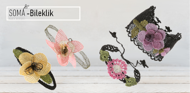 Kadın Bileklik Çiçekli İnce Kordonlu Elişi Örgü 16 cm Lacivert Mavi Siyah Kadın örgü figürlü takı