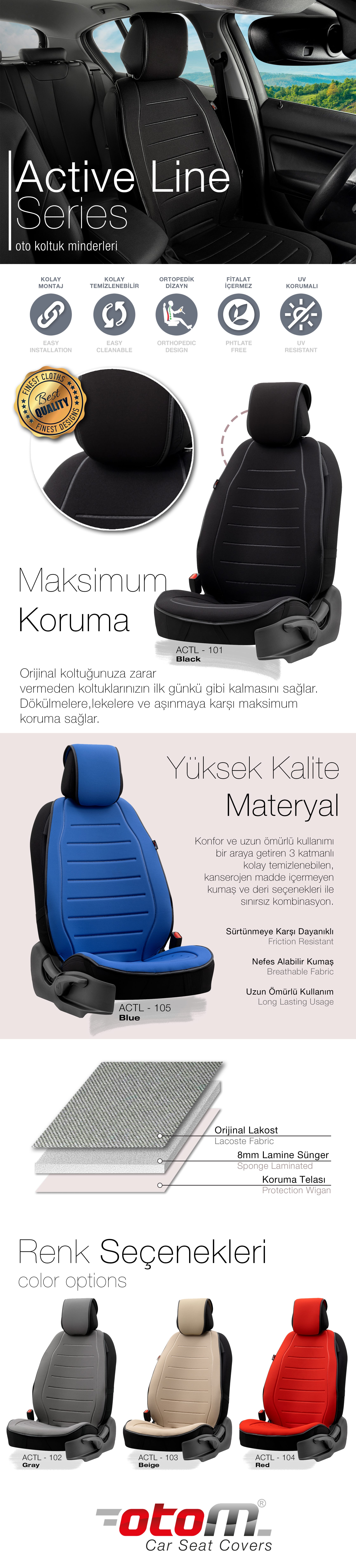 Otom Active Line Serisi Koruyucu Oto Koltuk Minderi