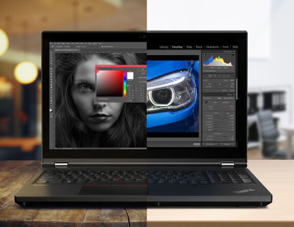 Front view of Lenovo ThinkPad P15 laptop open 90 degrees with half the display showing a photo of a woman being edited and the other half showing a photo of a car being edited
