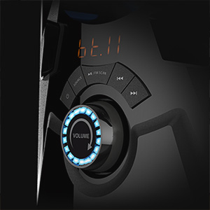 front button controls including volume knob and playback buttons on Creative SBS E2900 subwoofer