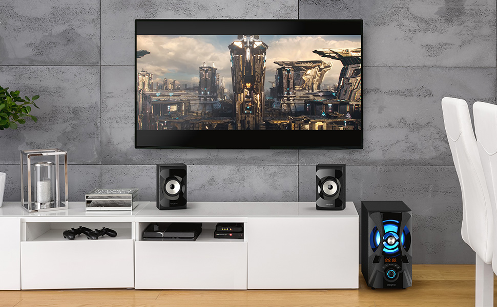 modern living room with tv and tv console, and Creative SBS E2900 speaker and subwoofer