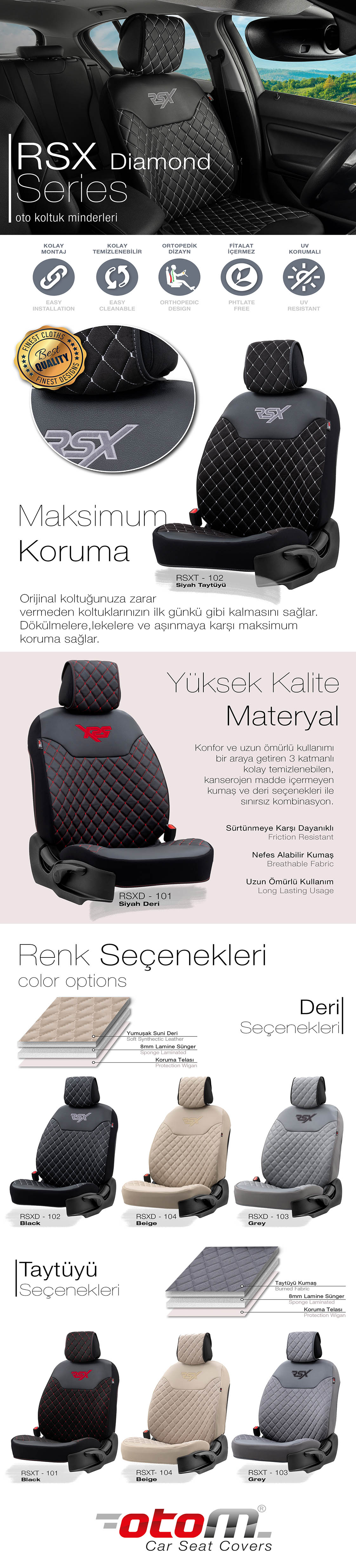 Otom Rsx Diamond Serisi Koruyucu Oto Koltuk Minderi