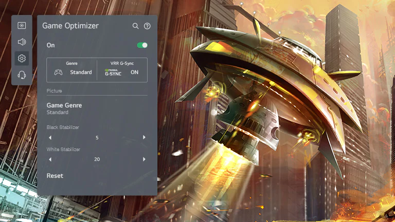 Bir şehirde atış yapan bir uzay gemisini ve sol tarafta oyun ayarını ayarlayan LG OLED oyun iyileştirici GUI'sini gösteren bir TV ekranı.