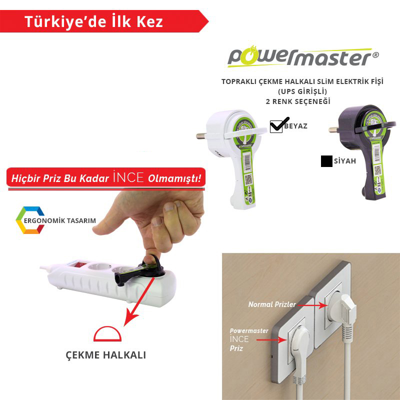 Topraklı Çekme Halkalı UPS Girişli Slim Beyaz Elektrik Fişi fiyatı