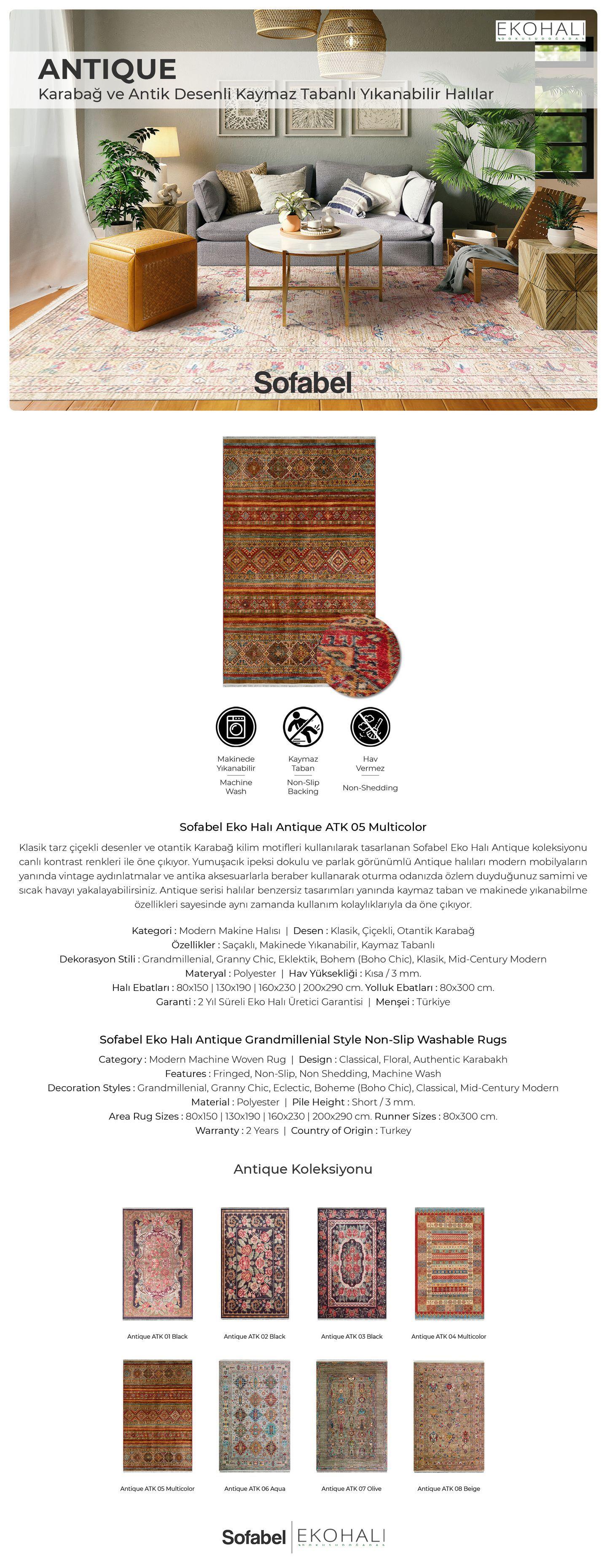 Sofabel Eko Halı Antique 05 Renkli Yıkanabilir Kaymaz Taban Desenli Halı