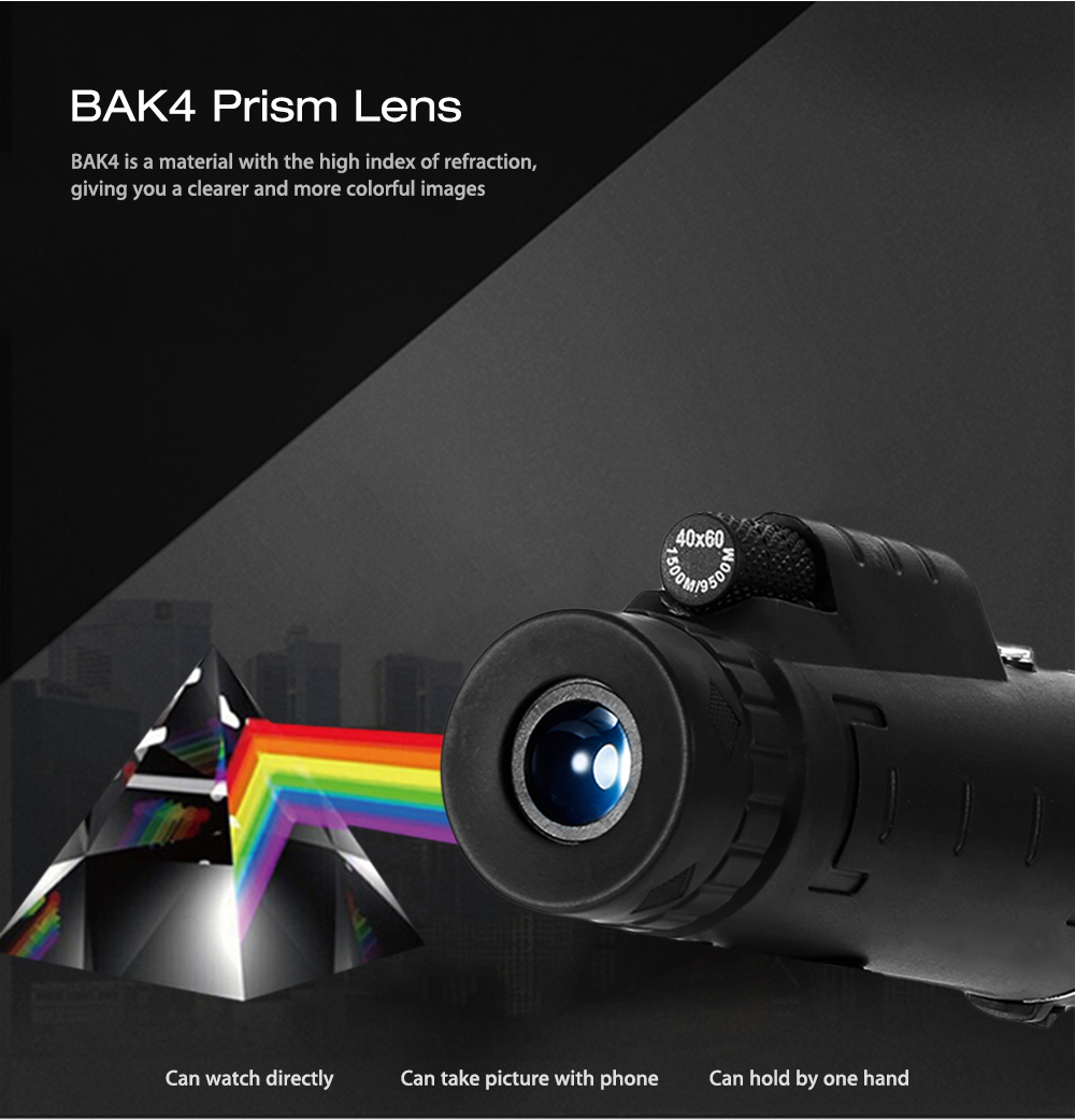 40X60 Monocular Telescope HD Prism Scope with Compass Phone Clip Tripod