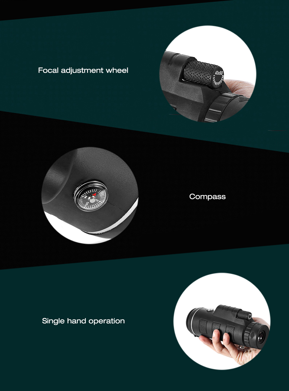 40X60 Monocular Telescope HD Prism Scope with Compass Phone Clip Tripod