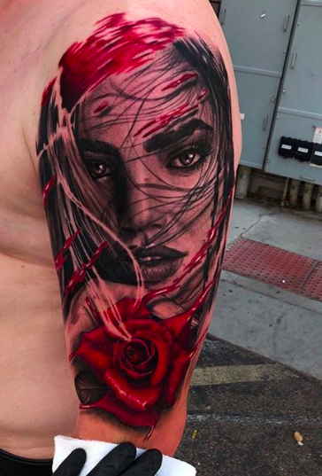 bubbaitattoos trash polka tattoo Beautiful girl (black and grey) and red rose #tattoo | Trash polka, Trash polka tattoo, Red rose tattoo
