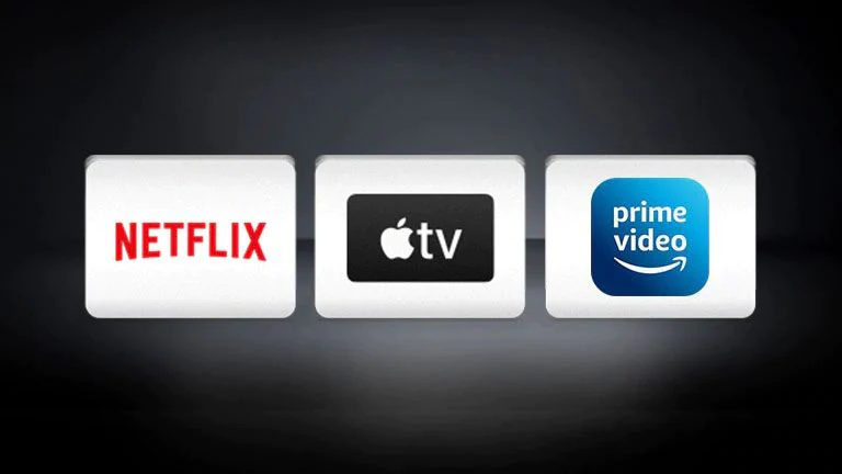 Siyah arkaplanda Netflix, Apple TV, Amazon Prime Video logoları