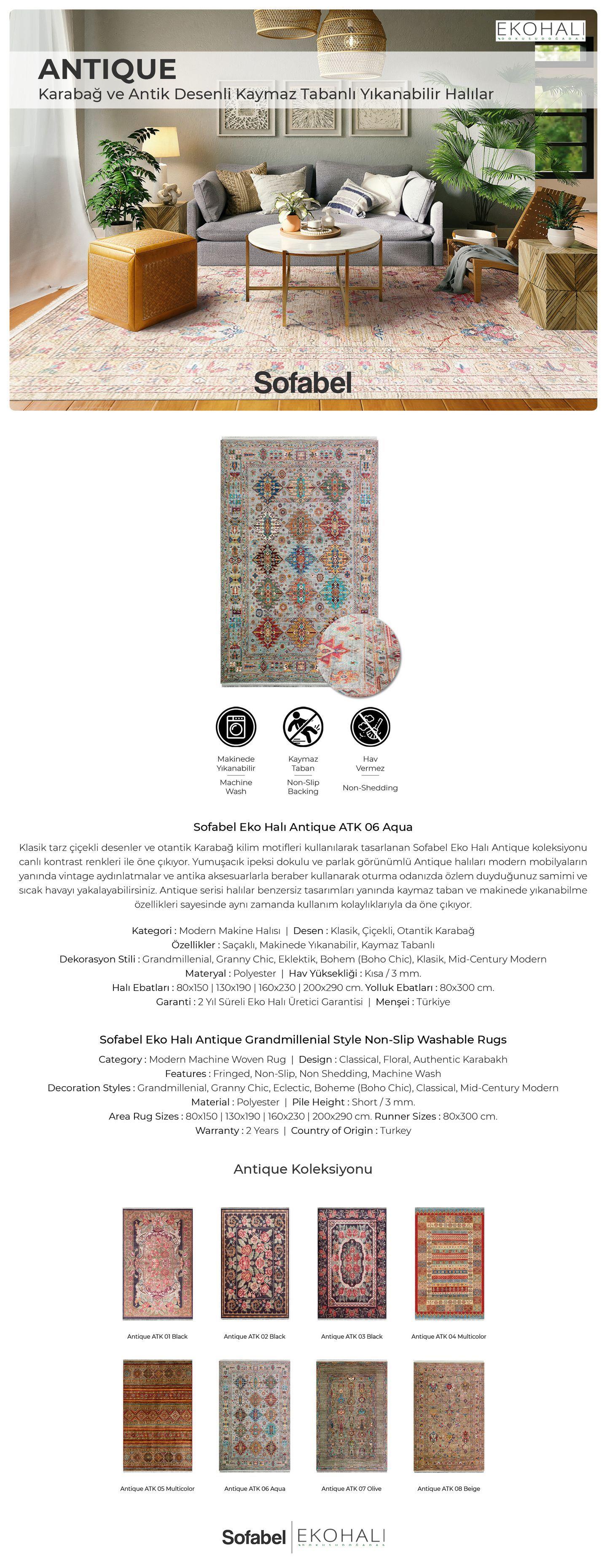 Sofabel Eko Halı Antique 06 Su Mavisi Yıkanabilir Kaymaz Desenli Halı
