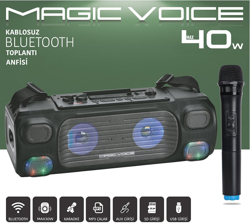 Magicvoice MV-7001 VHF El Mikrofonlu USB-SD-Bluetooth Işıklı 40 W Taşınabilir Şarjlı Seyyar Anfi fiyatı