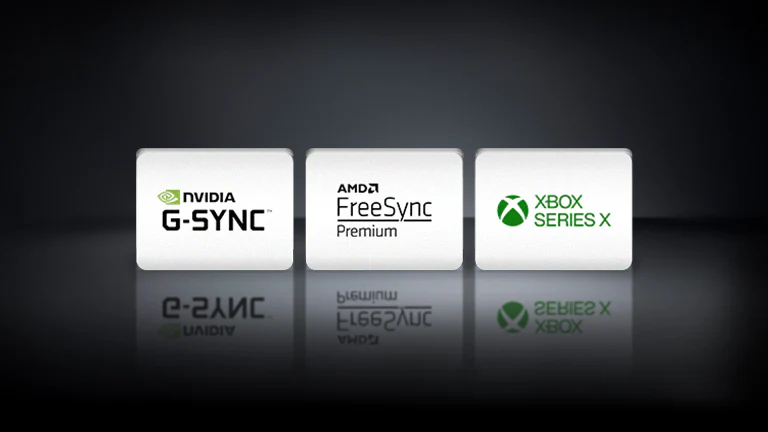 Arkaplanda NVIDIA G-SYNC, AMD FreeSync ve XBOX SERIES X logoları 