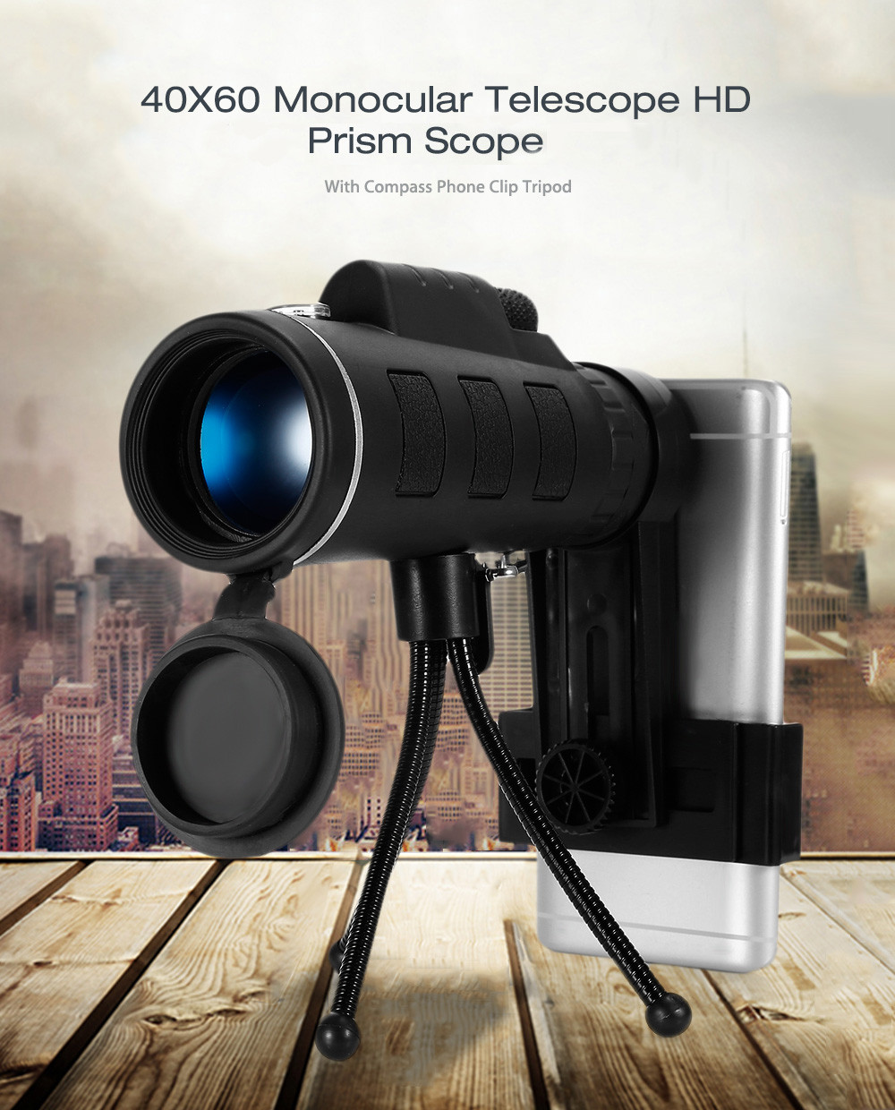 40X60 Monocular Telescope HD Prism Scope with Compass Phone Clip Tripod