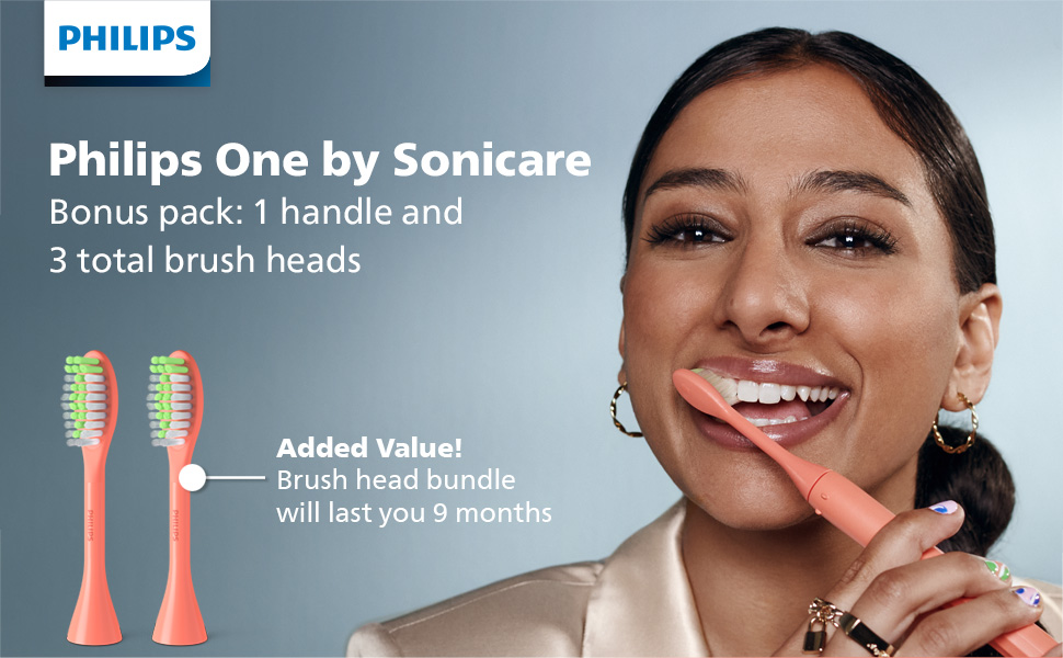  Philips One by Sonicare Battery Toothbrush, Brush Head Bundle, Miami Coral, BD1001/AZ