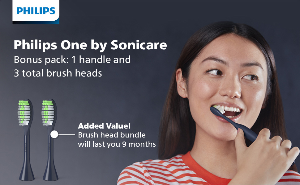 PHILIPS One by Sonicare Battery Toothbrush, Brush Head Bundle, Midnight Blue, BD1002/AZ