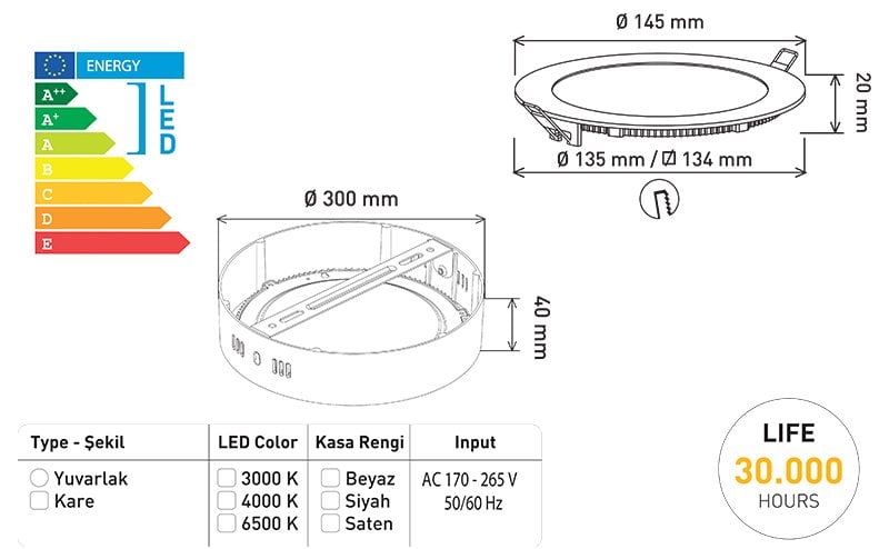 Powermaster 12W Sıva Altı 3000K Günışığı Yuvarlak Slim Led-Eco Panel İçerik