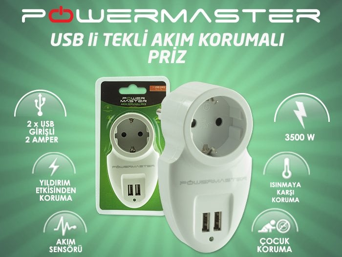 Powermaster Akım Korumalı İki Usb'li Tekli Priz Özellikleri
