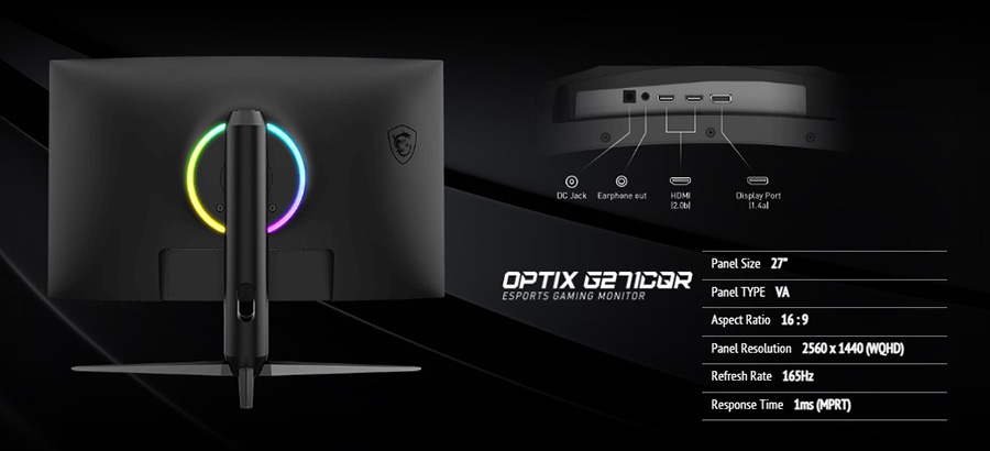 MSI Optix G271CQR Monitor curvo para Gaming de 27 pulgadas, 2560 x 1440  (QHD), 165Hz, 1ms, FreeSync – Hooli