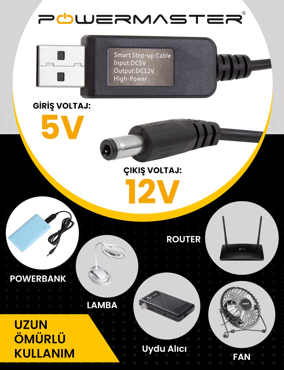 Powermaster 5V-12V USB To DC 5.5*2.5mm Kablo