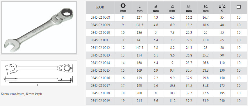 0345 Mafsallı Cırcır Kombine Anahtar ( 13 mm )