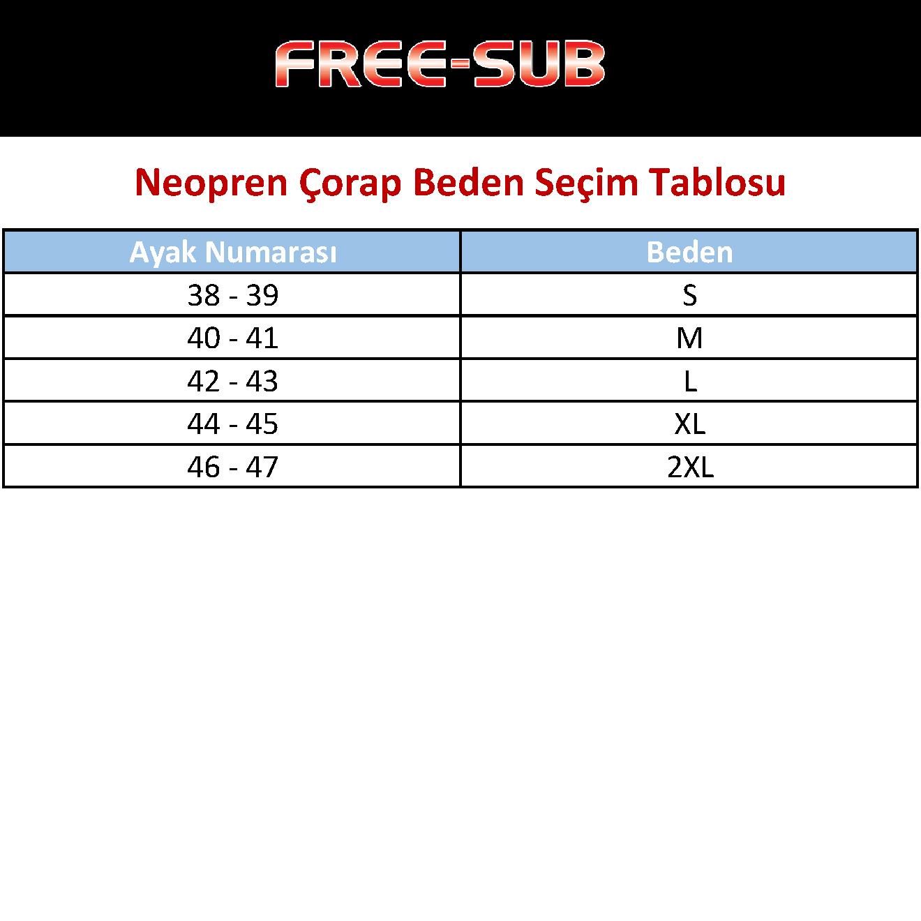 Free-Sub Dalış Çorabı Beden Seçim Tablosu