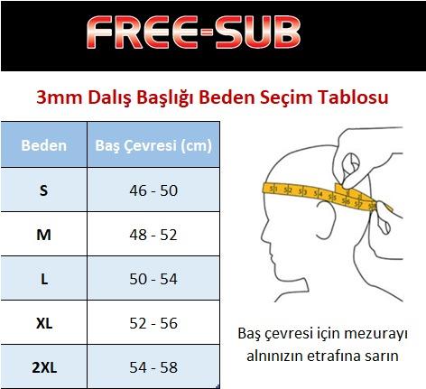 Free-Sub 3mm Dalış Başlığı Beden Seçin Tablosu