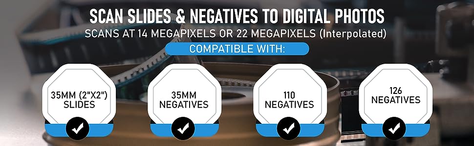 Slaytları ve negatifleri dijital fotoğraflara tarayın. 14 megapiksel veya enterpolasyonlu 22 megapikselde tarar.