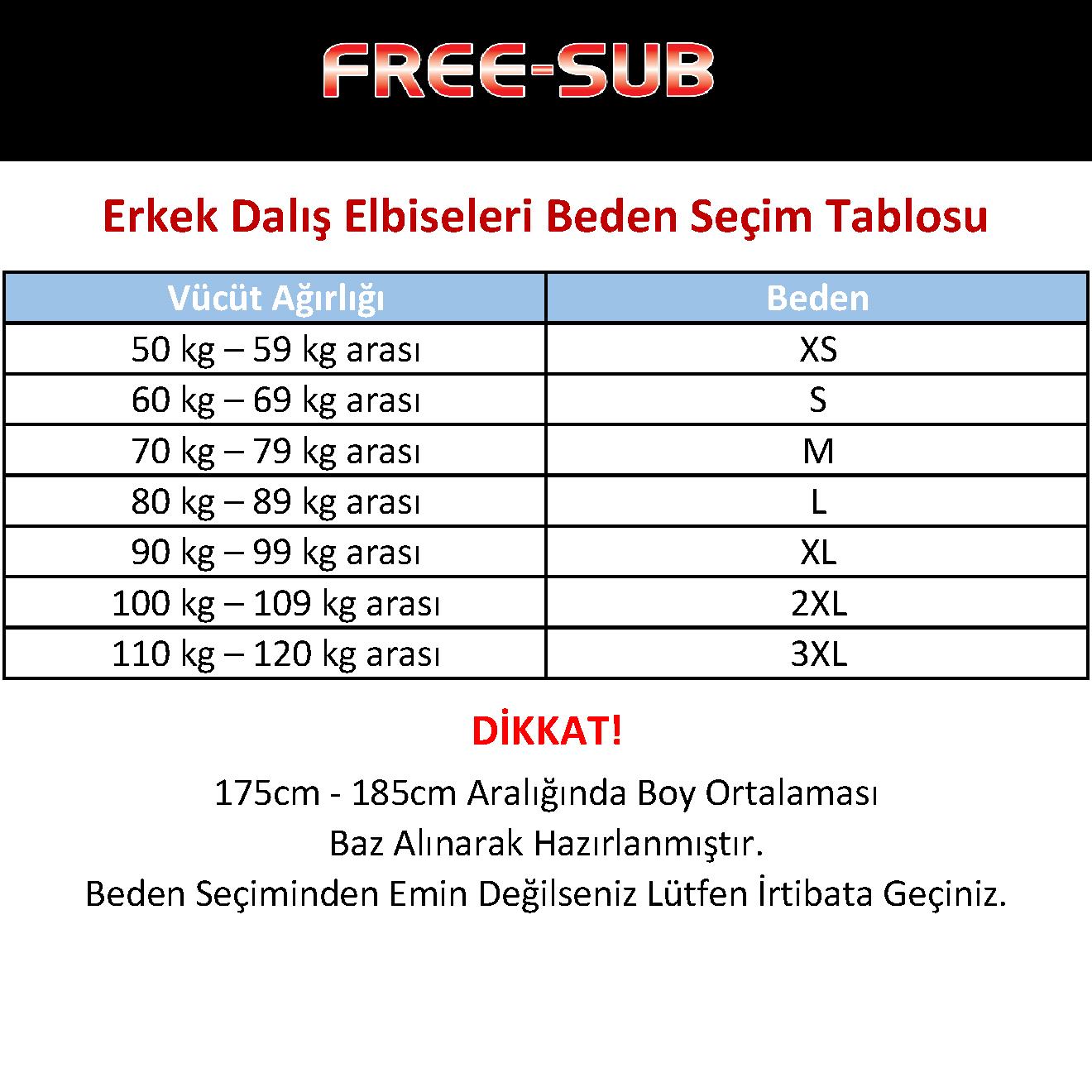 Free-Sub Erkek Dalış Elbiseleri Beden Seçim Tablosu