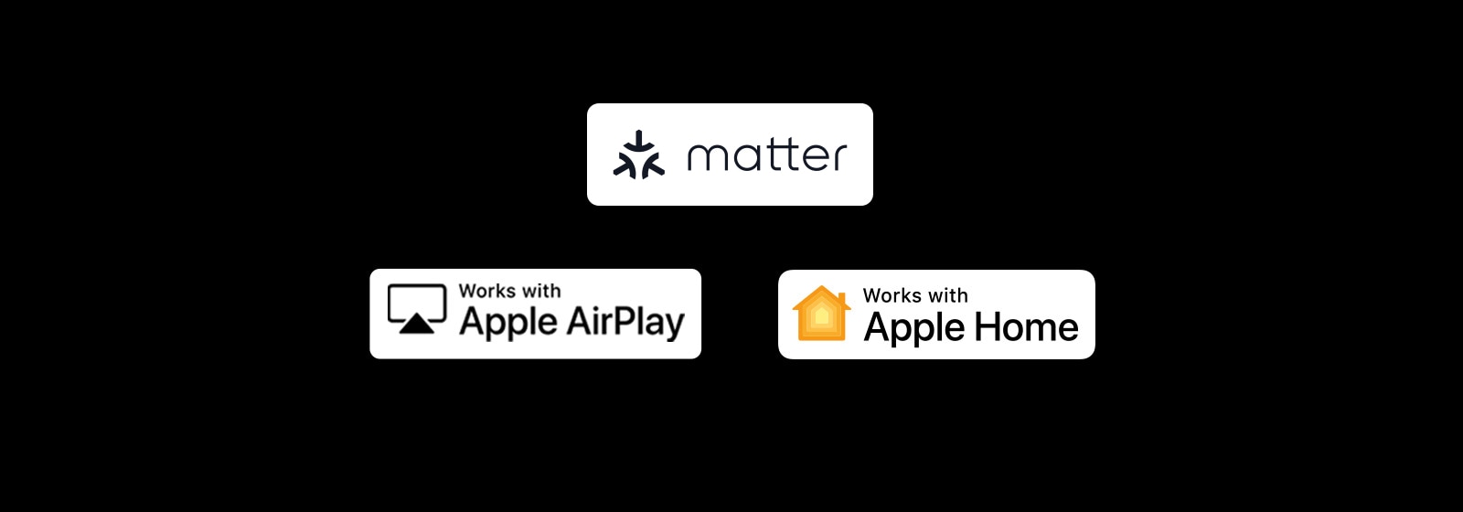 Apple AirPlay logosu <br>Apple Home ile çalışır logosu <br>Matter ile çalışır logosu