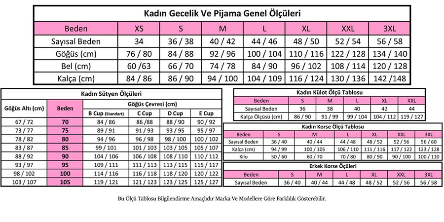 Bayan Gecelik Sabahlık İç Giyim Beden Ölçü Tablosu