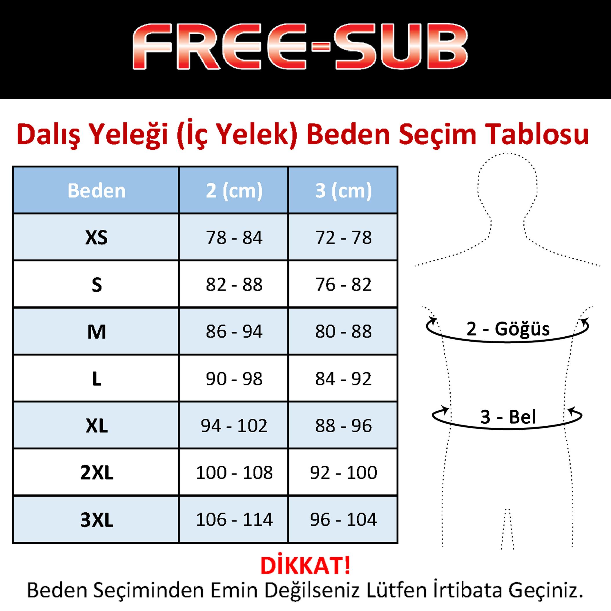 Free-Sub Dalış Yeleği İç Yelek Beden Seçim Tablosu