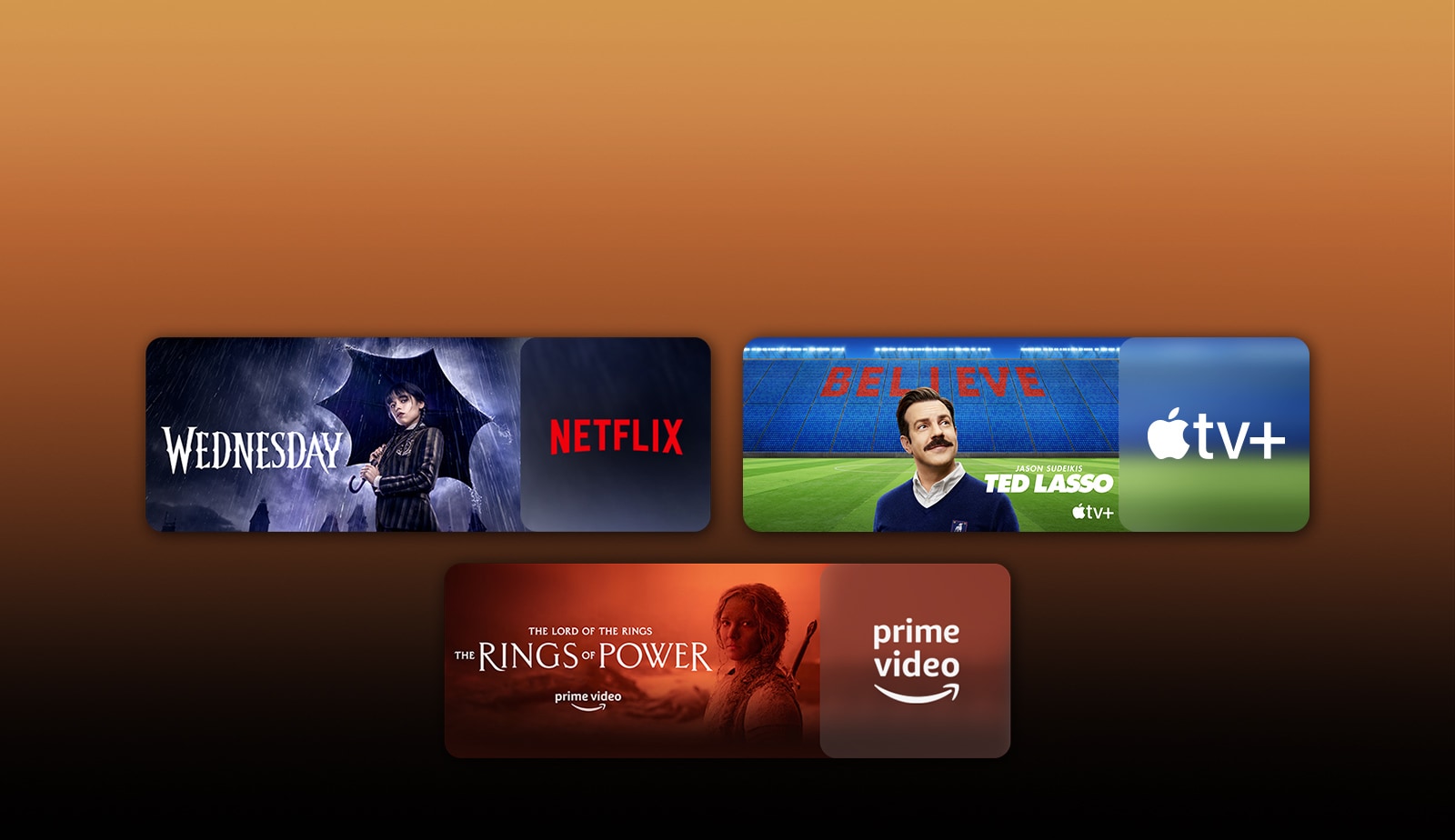 Her logonun yanında dijital yayın platformlarının logoları ve eşleşen görüntüler yer almaktadır. Netflix'ten Wednesday, Apple TV'den TED LASSO ve PRIME VIDEO'dan The Rings of Power görüntüleri yer almaktadır.