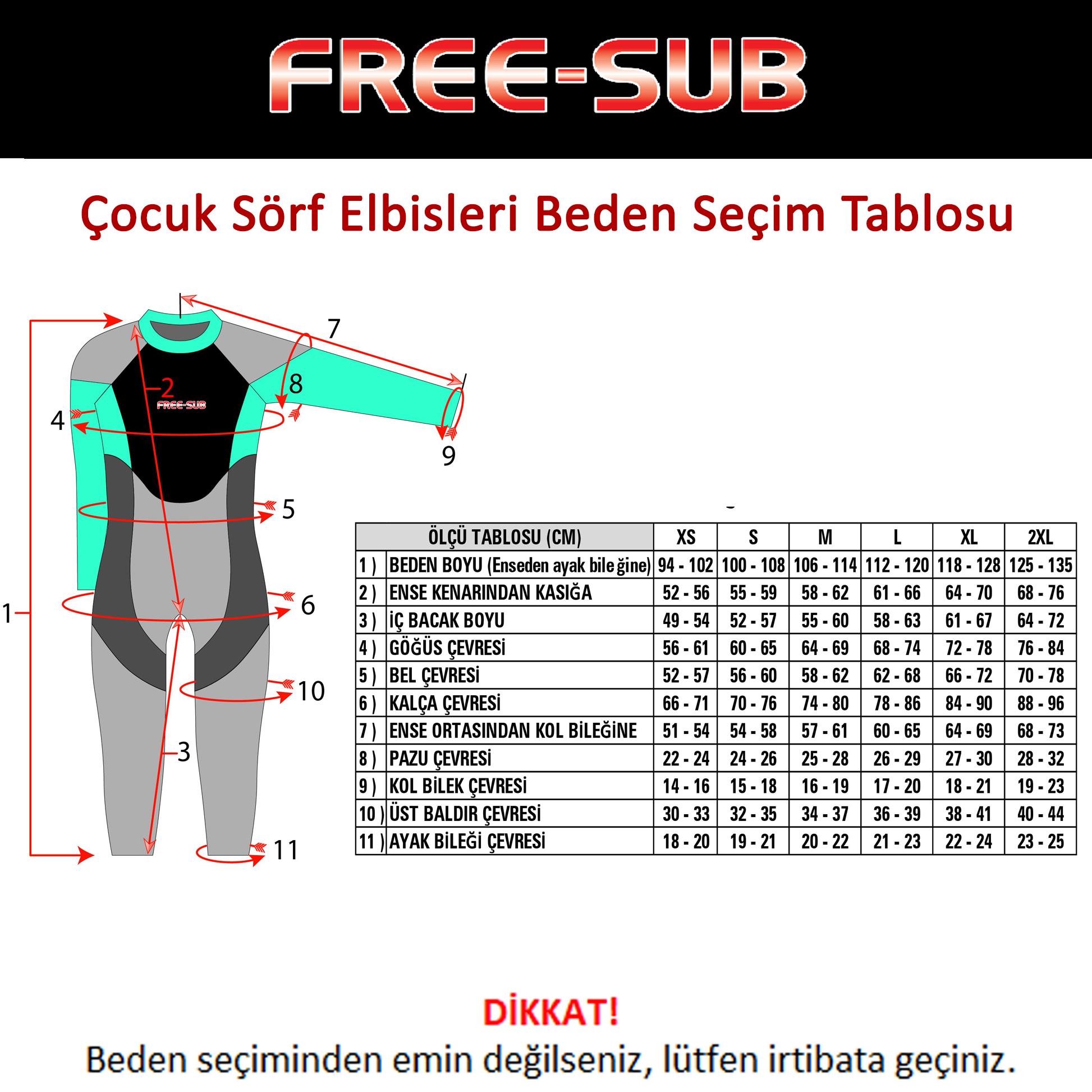 Free-Sub Dalış Elbiseleri Çocuk Sörf Beden Seçim Tablosu