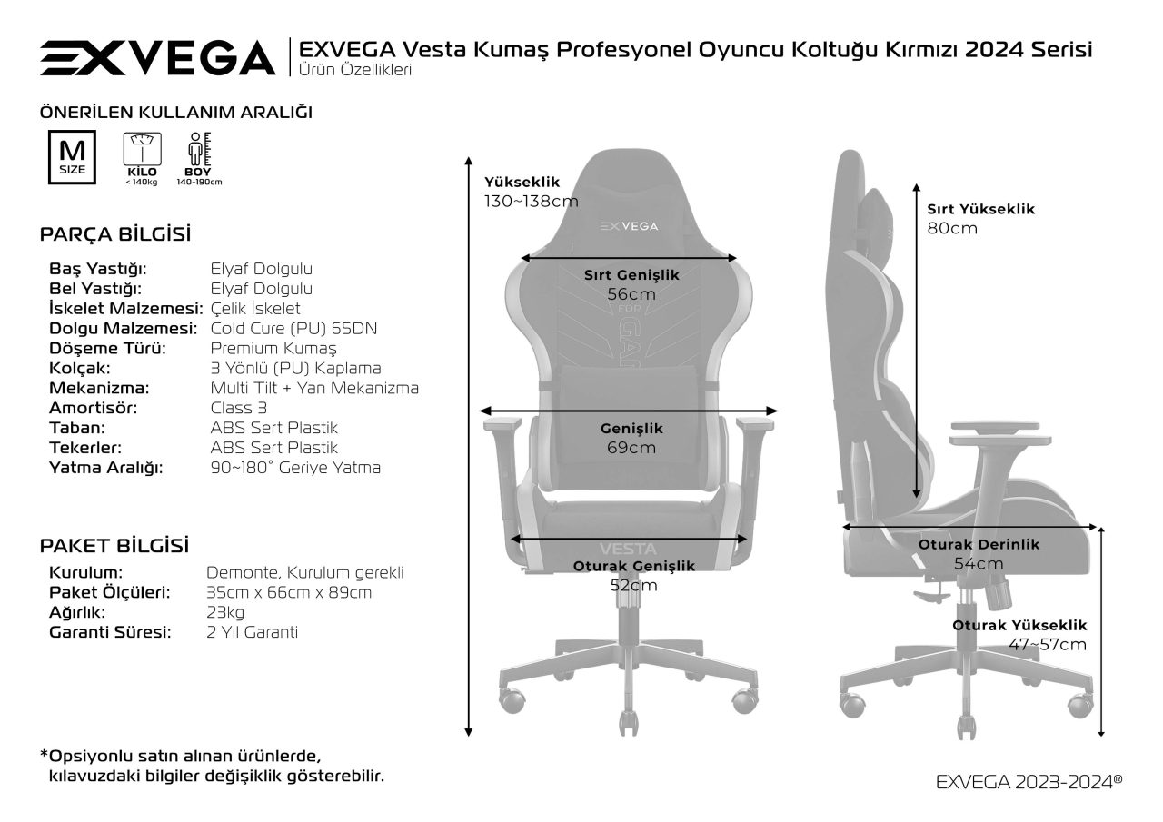 EXVEGA Vesta Kumaş Profesyonel Oyuncu Koltuğu Siyah 2024 Serisi Ürün Özellikleri