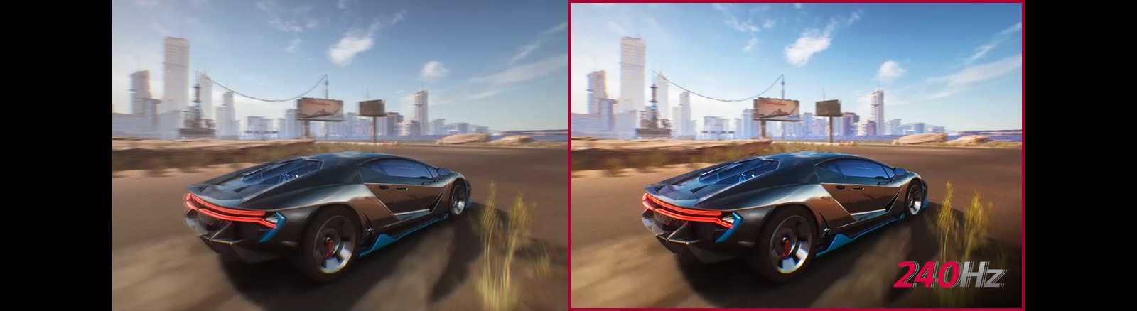 Oyunda seyir halindeki bir arabanın iki karşılaştırmalı animasyonunu gösteriyor. İki animasyon aynı görünüyor. Fakat 240 Hz yenileme hızı uygulanmamış olan ilk animasyonun netliği diğerine kıyasla daha az.