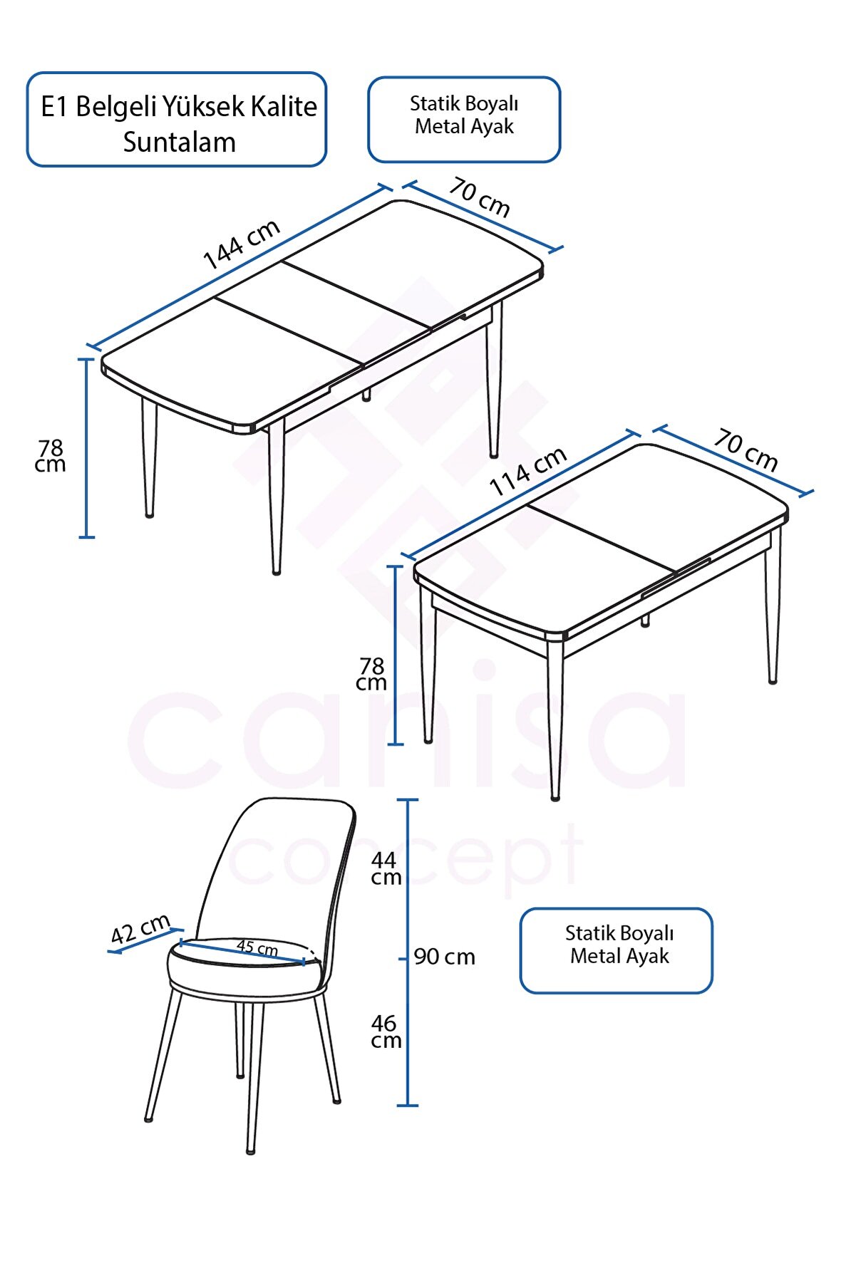 Canisa Concept Kor Serisi 70x114 Açılabilir Beyaz Mutfak Masası Takımı-6 Adet Haki Sandalye