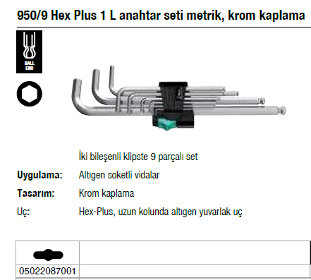 950-9 Hex Plus 1 L anahtar seti metrik, krom kaplama