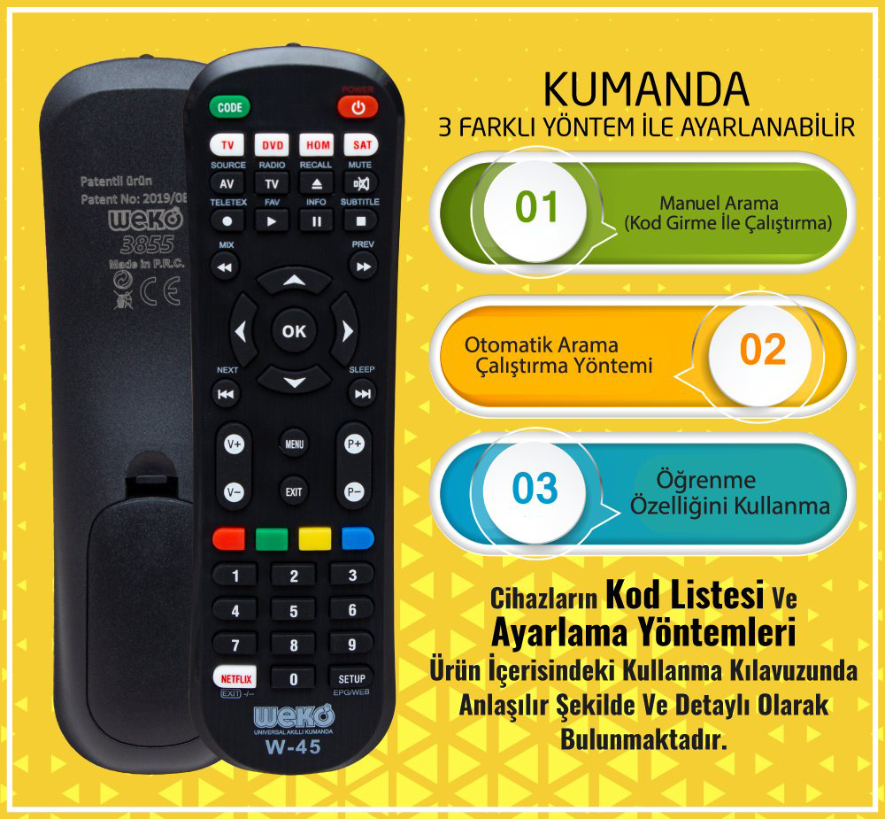 Weko W-45 Tüm Modeller Uyumlu 4in1 Öğrenebilen Universal Akıllı Kumanda fiyatı