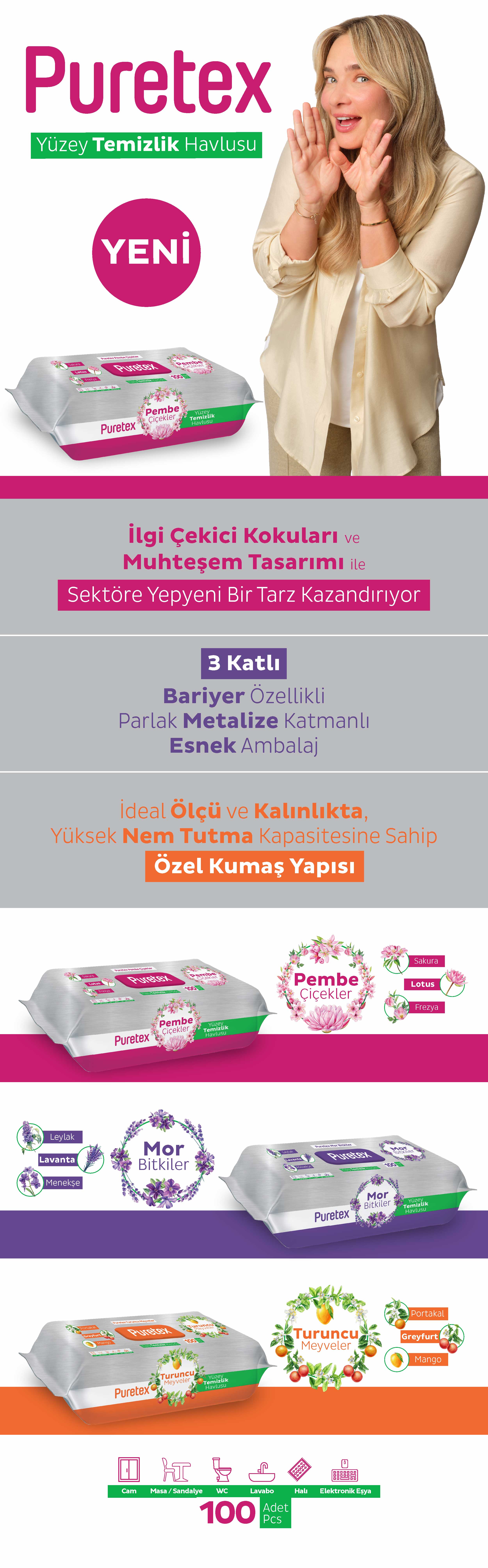Puretex Yüzey Temizlik Havlusu Pembe Çiçekler 6X100 (600 Fiyatı