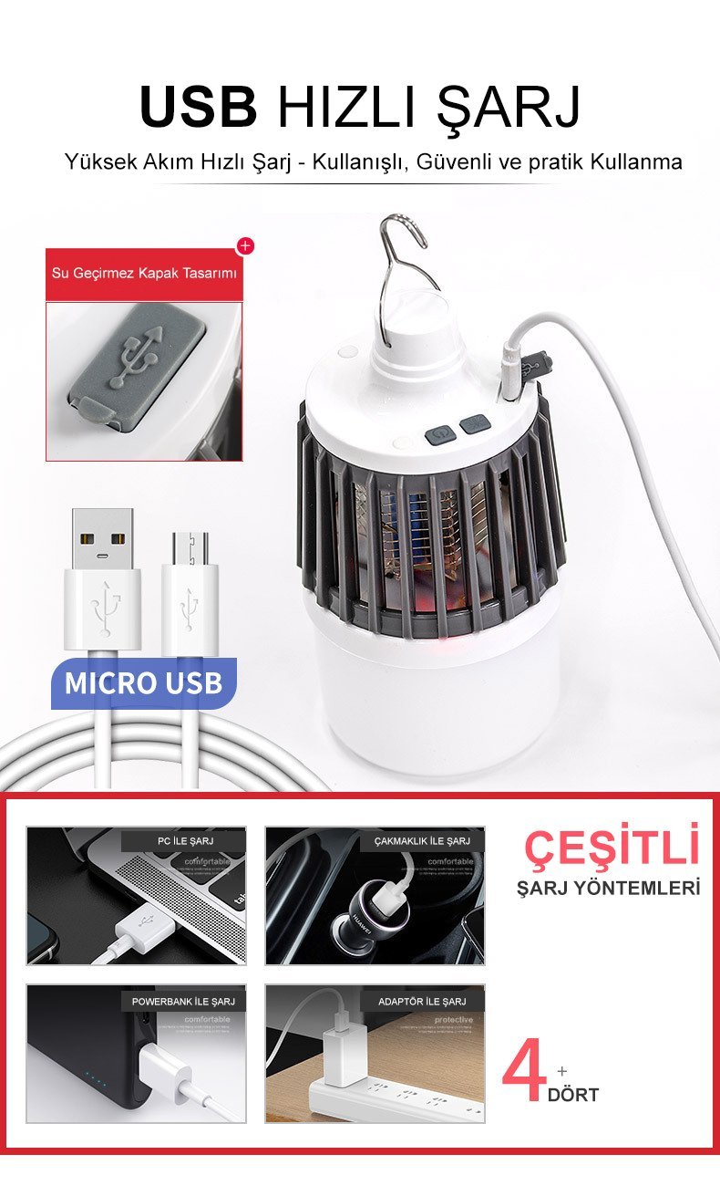 Powermaster MX-858 USB'li Sinek Öldürücü Özellikli 3 Modlu Şarjlı Kamp Feneri