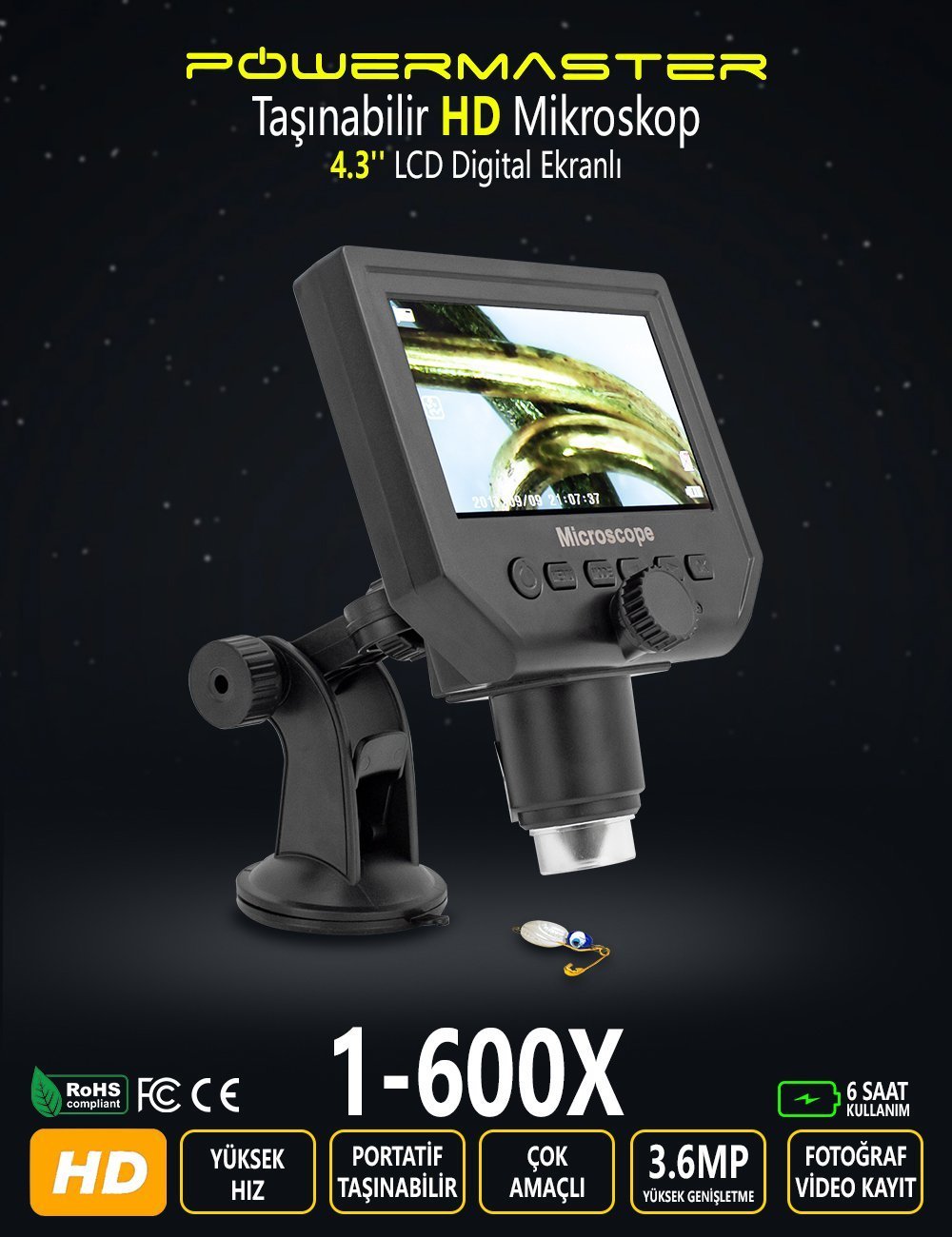 Powermaster PM-18798 4.3 LCD Ekranlı 3.6 MP Taşınabilir HD Dijital Mikroskop