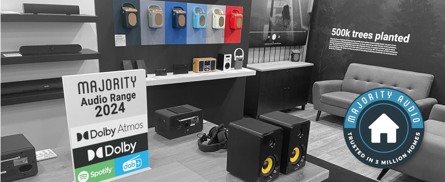 Audio equipment display with speakers and signal processors. Sign shows 'Majority Audio' and '20%'. Blue circular badge with house icon in corner.