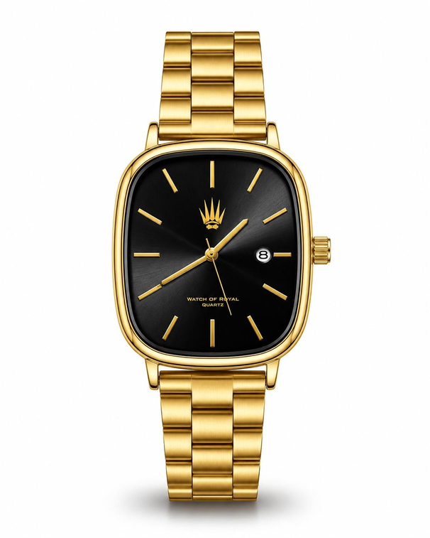Classic Time Gold Black saatin önden kasa ve çelik kordon görünümü