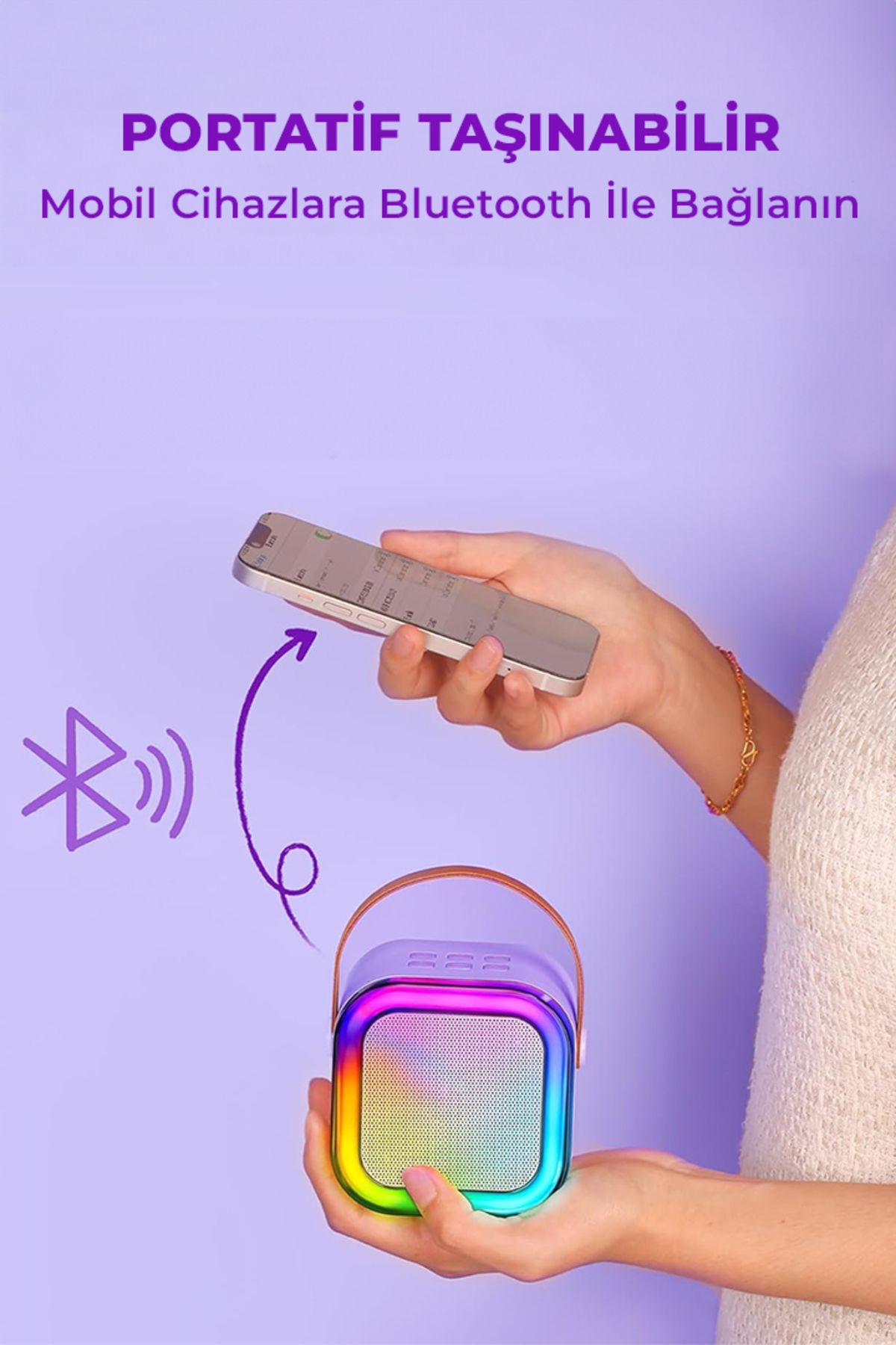 ALFAGİFT Karaoke Makinesi Bluetooth Hoparlör 2 Kablosuz Mikrofonlu Renkli LED Işıklı Set
