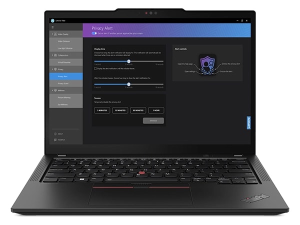 Lenovo ThinkPad X13 Gen 5 dizüstü bilgisayarın önden görünümü, 90 derece açık, gizlilik uyarı ekranını gösteriyor.