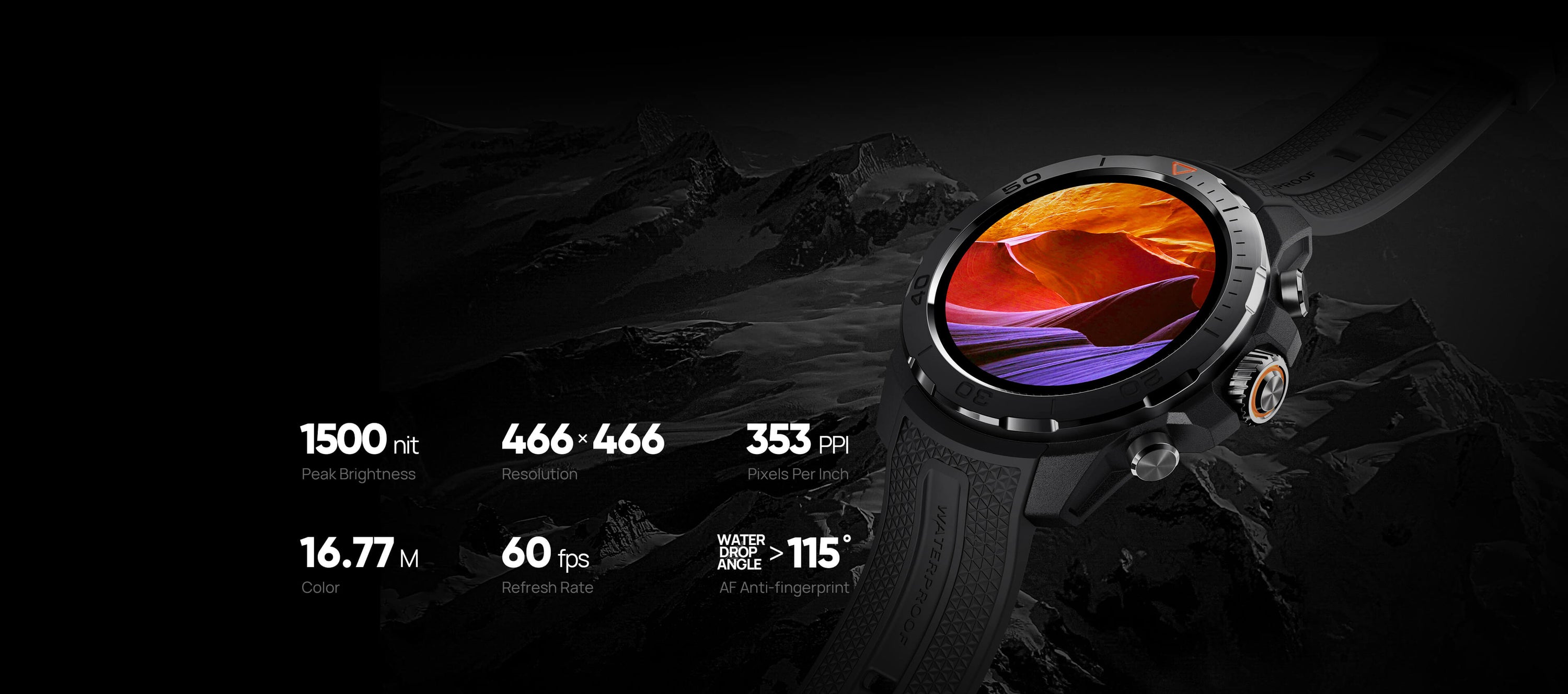 AMOLED High Brightness Screen 1500nit high brightness Amoled screen, clearly visible under strong outdoor light. Peak Brightness: 1500nit Resolution: 466x466 Pixels Per Inch(PPI): 353 Color: 16.77 Million Refresh Rate: 60fps AF Anti-fingerprint: Water Drop Angle > 115° 